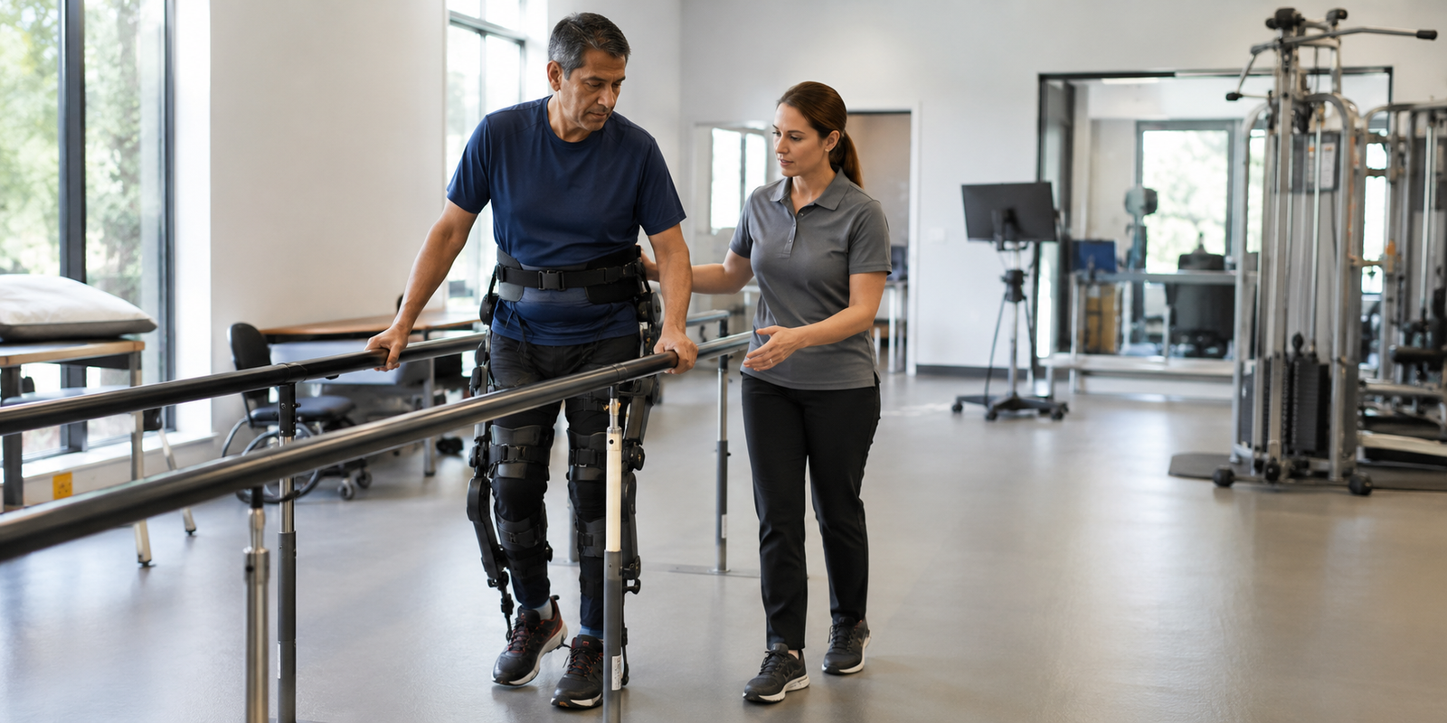 Therapist and stroke survivor using connected lower-limb exoskeletons during gait training