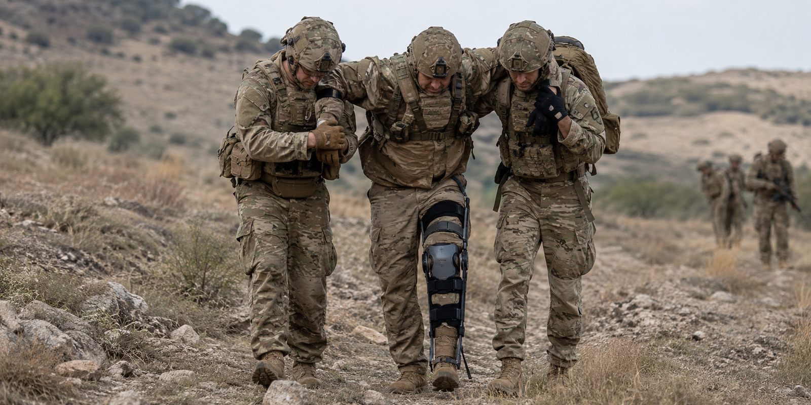 Passive battlefield exoskeleton fitted to one leg for lower-limb fracture support