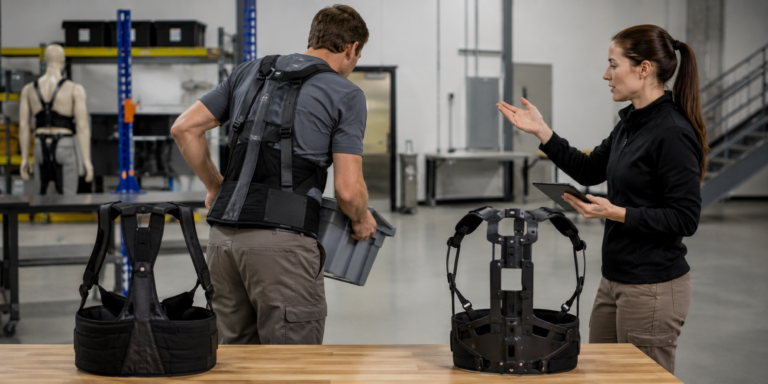 Procurement and ergonomics team comparing industrial back-support exoskeletons
