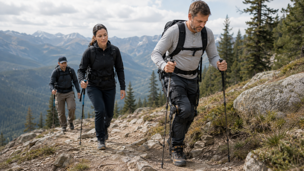 Hikers on a mountain trail, including one wearing a powered hip exoskeleton