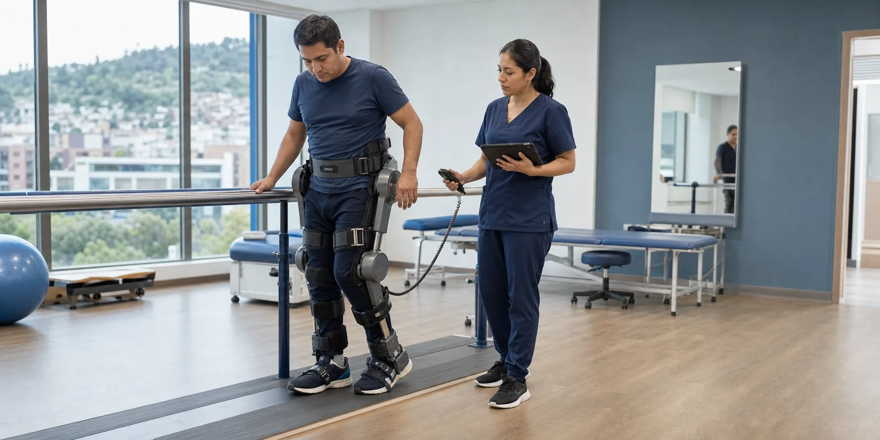 Illustrative patient using a powered lower-limb exoskeleton during supervised gait rehabilitation