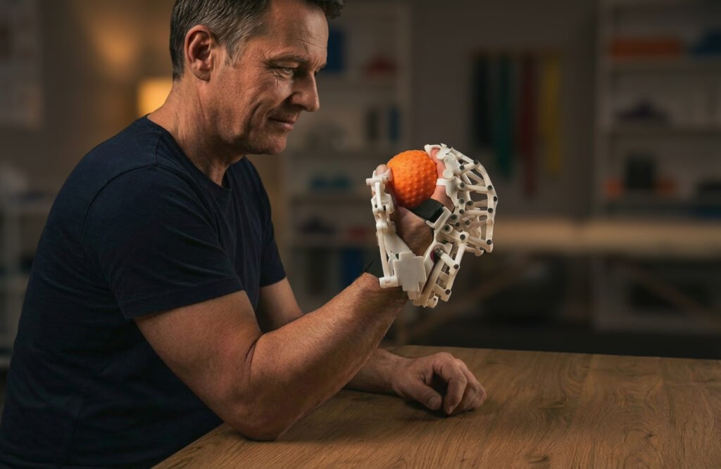 Person gripping a therapy ball with the ExoHEAL robotic glove