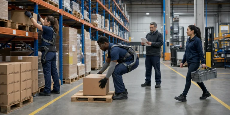 Operations team evaluating an industrial exoskeleton for logistics deployment