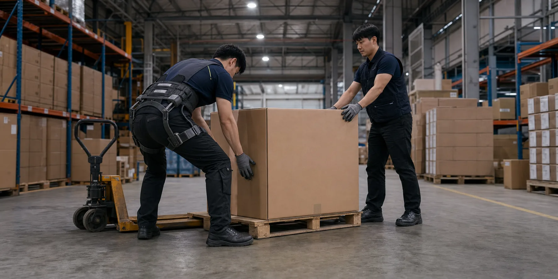 Illustrative logistics worker testing a back-support wearable robot during appliance handling