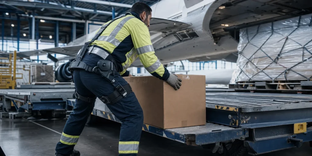 Illustrative airport cargo worker using a powered back-support exoskeleton