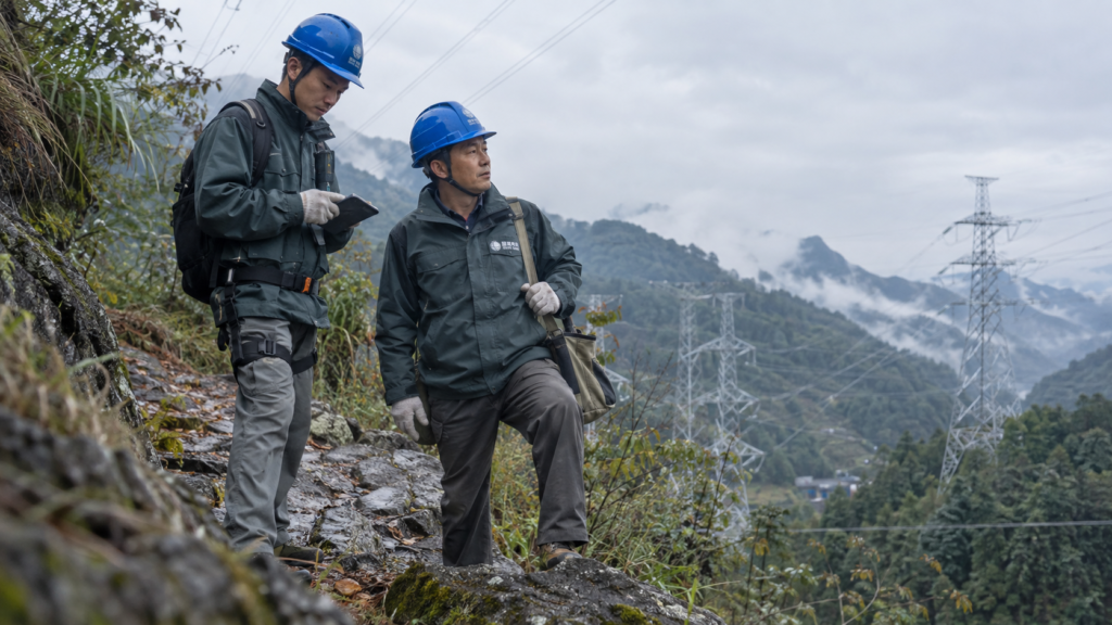 State Grid workers wearing walking-assist exoskeletons during mountain transmission-line inspection in Hangzhou