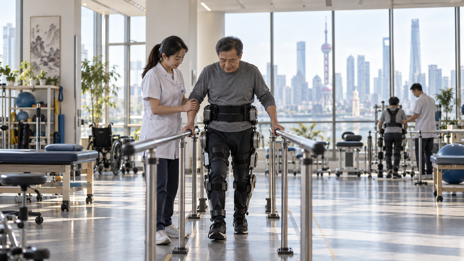 Patient using a robotic exoskeleton during rehabilitation training in a Chinese clinic