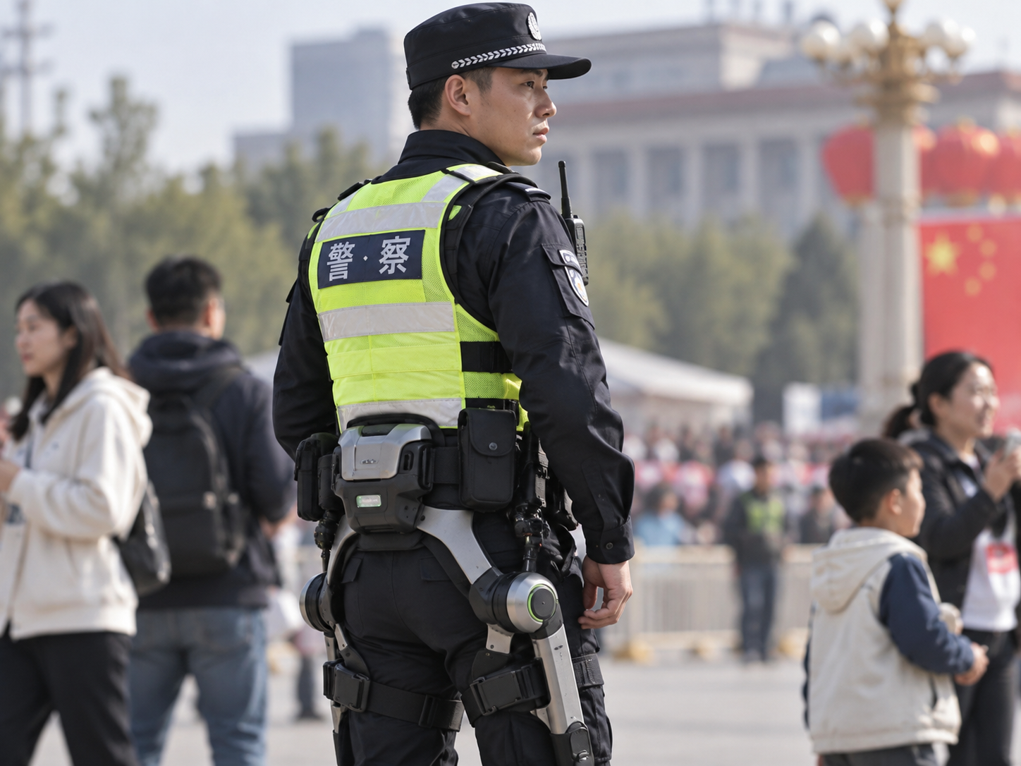 Chinese police officer wearing an AI-assisted exoskeleton in Hangzhou