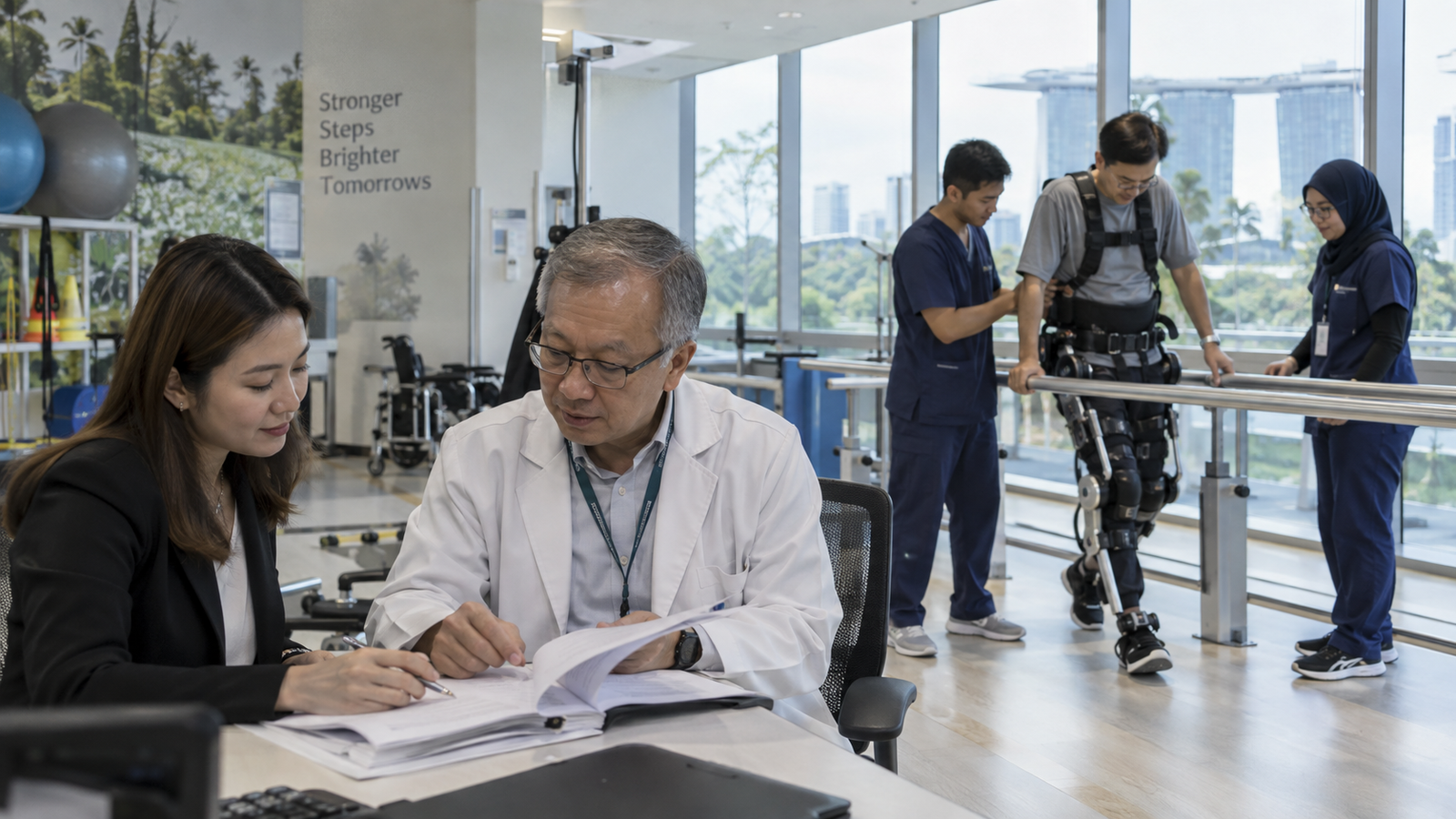 Rehabilitation clinicians supporting a patient using a lower-limb exoskeleton in a Southeast Asian healthcare setting