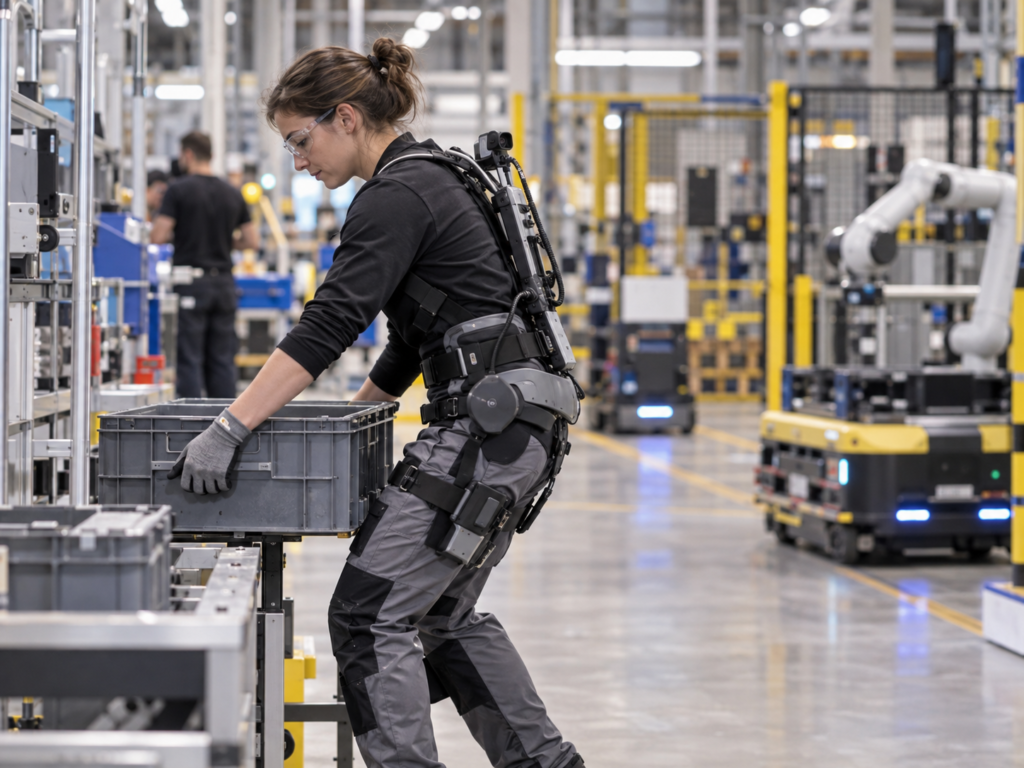 Physical AI back-support exoskeleton operating in a dynamic industrial environment