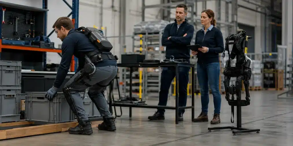 Worker using a powered back-support exoskeleton during a controlled warehouse lift