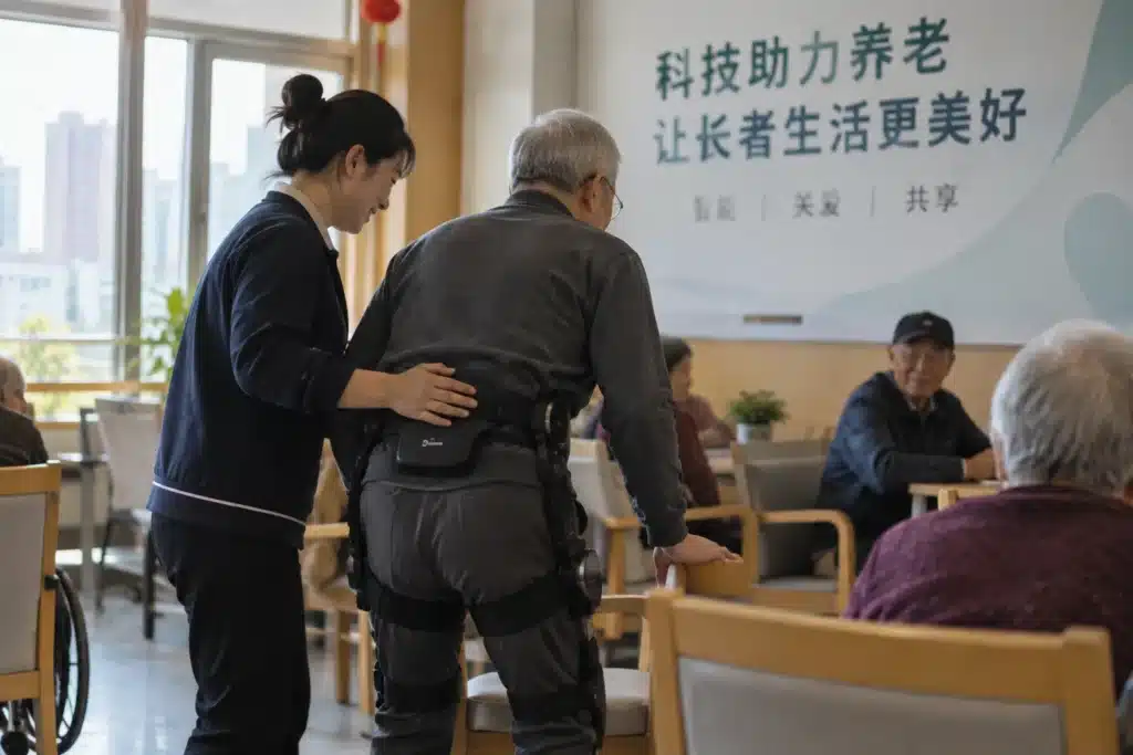Older adult wearing a lower-limb exoskeleton in a home setting