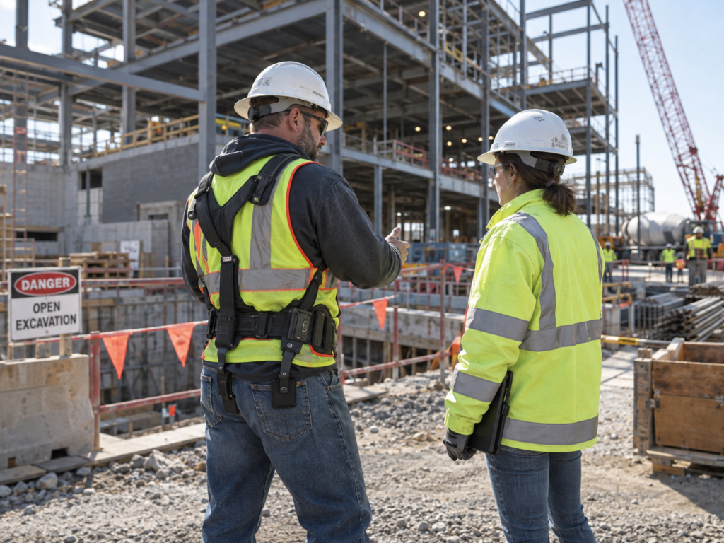 Construction worker wearing a passive lower-back exoskeleton on an active jobsite