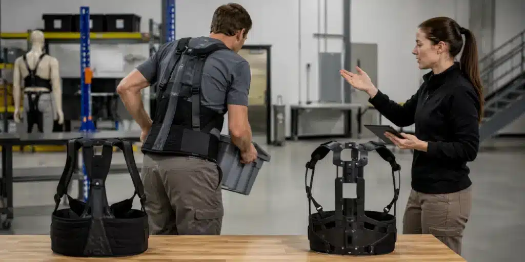 Procurement and ergonomics team comparing industrial back-support exoskeletons