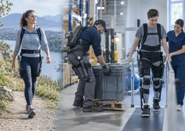 Consumer, industrial and medical exoskeletons shown in outdoor, workplace and rehabilitation settings