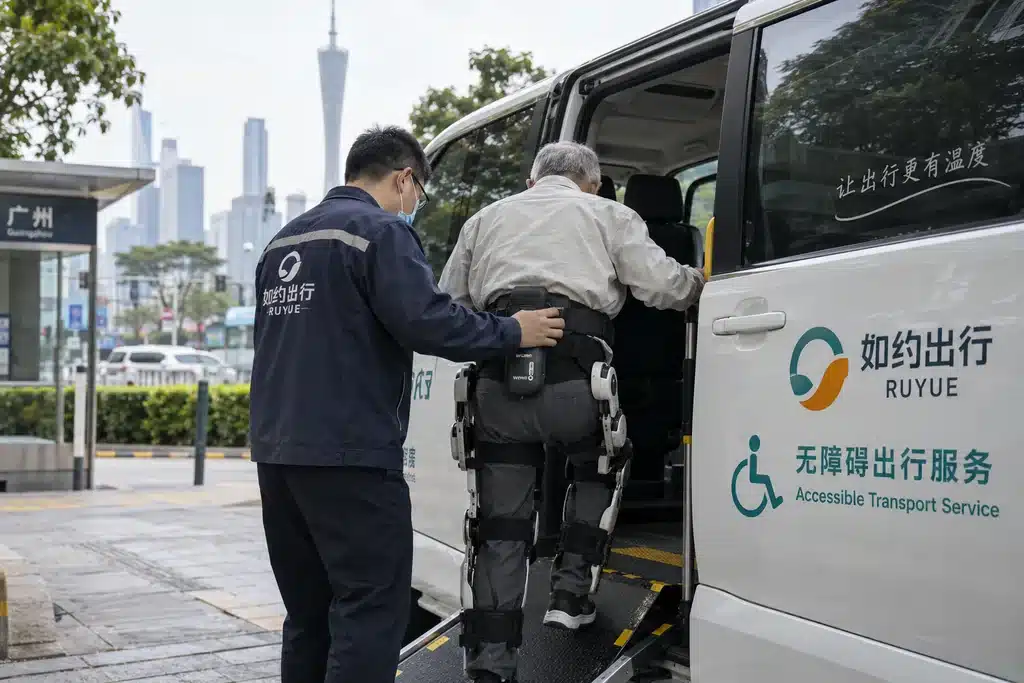 Older passenger using a walking assist exoskeleton with accessible transport in Guangzhou