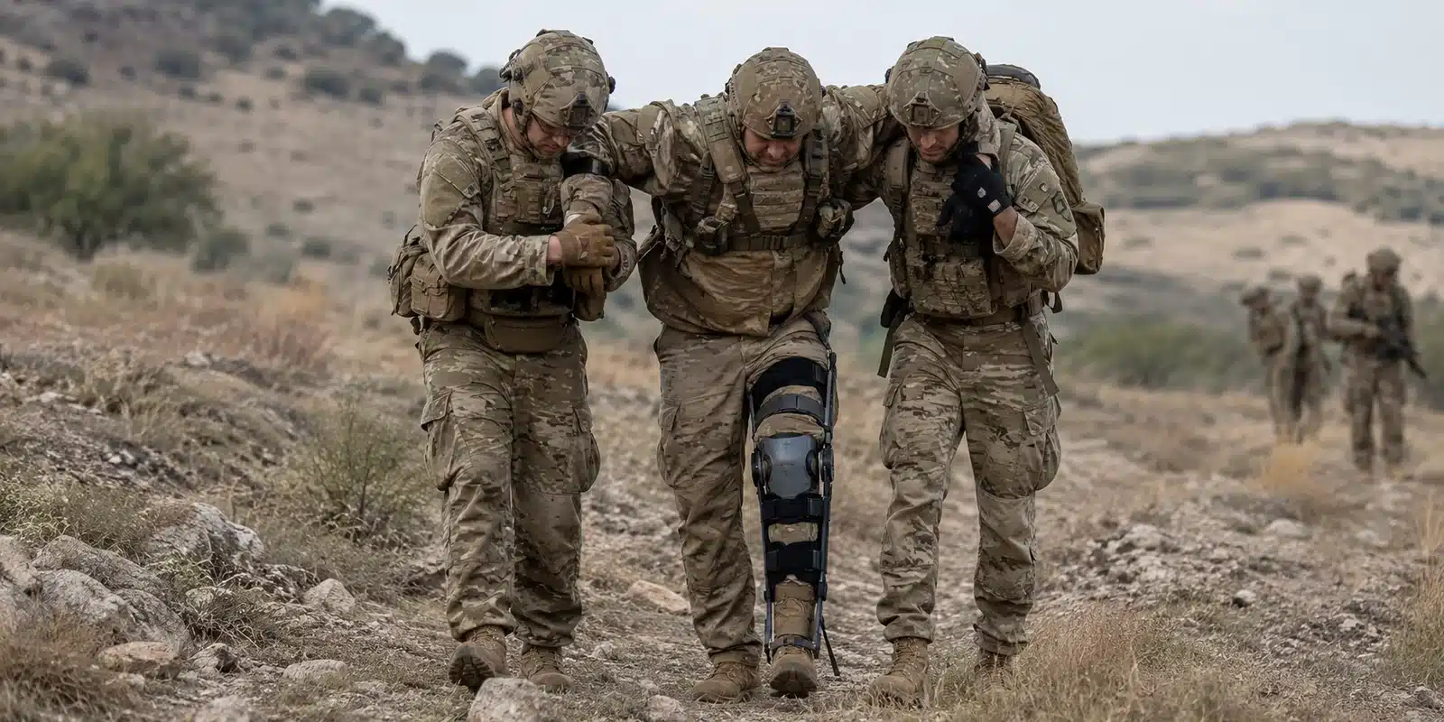 Passive battlefield exoskeleton fitted to one leg for lower-limb fracture support