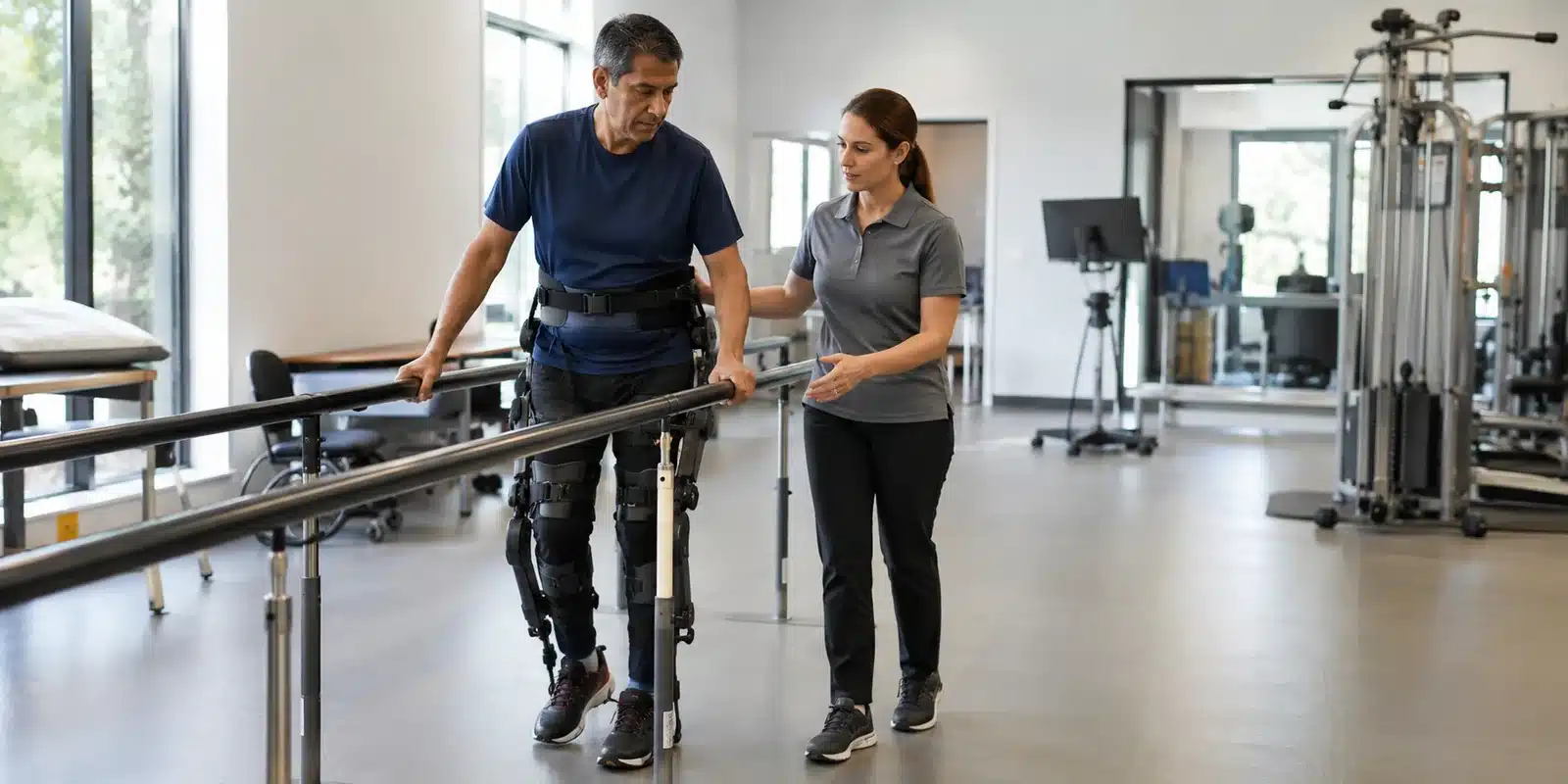 Therapist and stroke survivor using connected lower-limb exoskeletons during gait training
