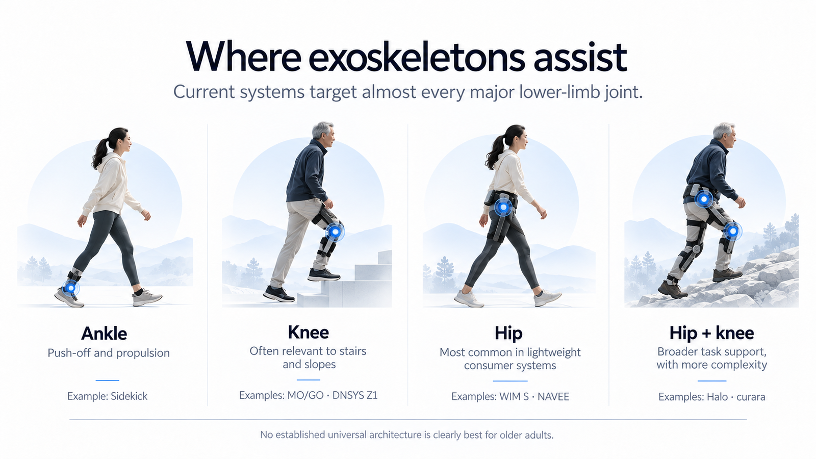 Exoskeleton assistance at the ankle, knee, hip and combined hip and knee