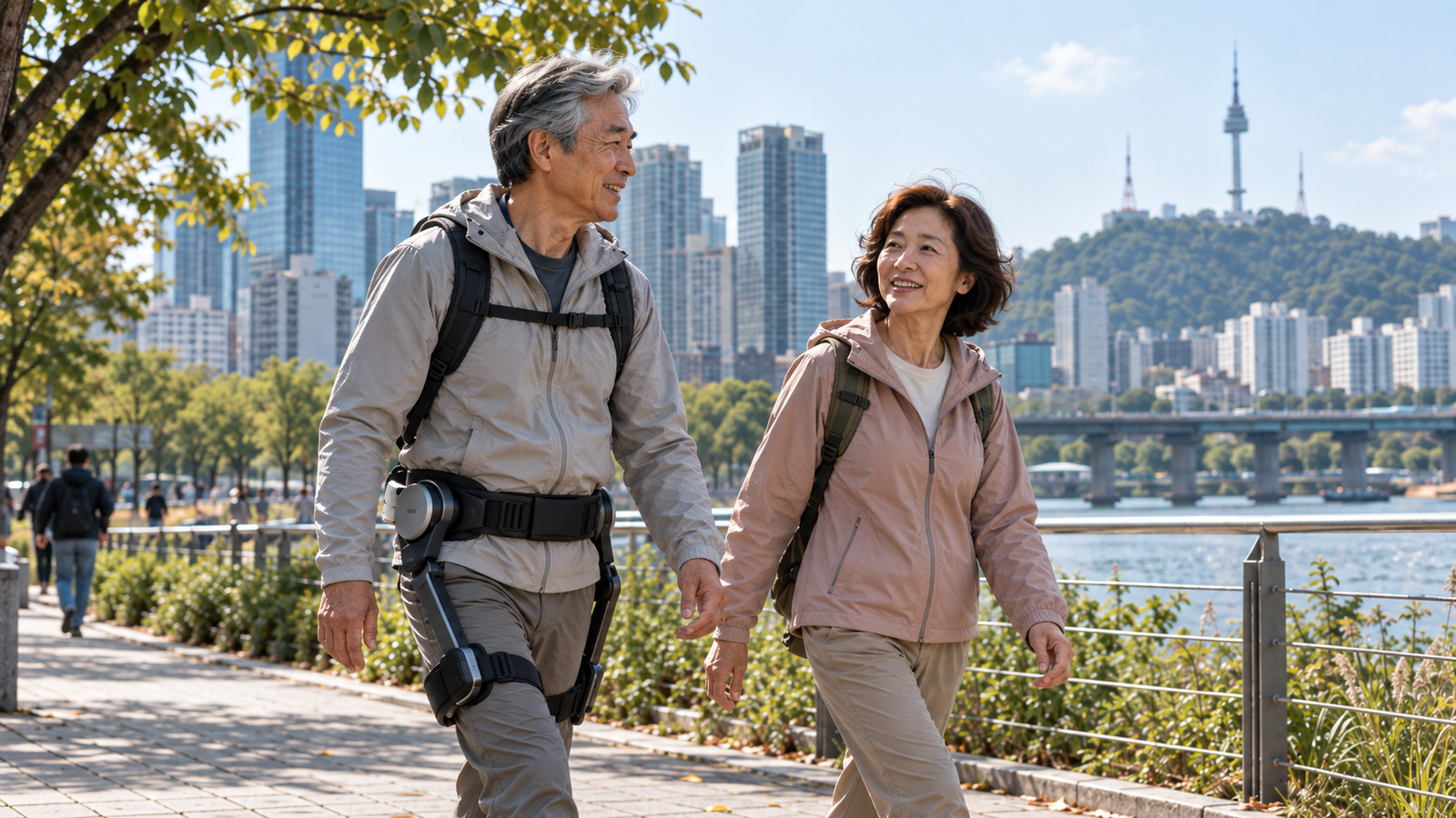 Older adult using a lightweight walking-assist exoskeleton in South Korea