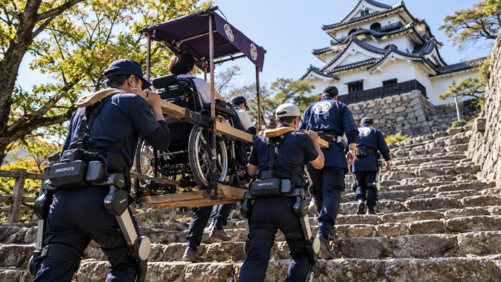 Workers wearing back-support assist suits carry a wheelchair user up stone steps at a Japanese castle.