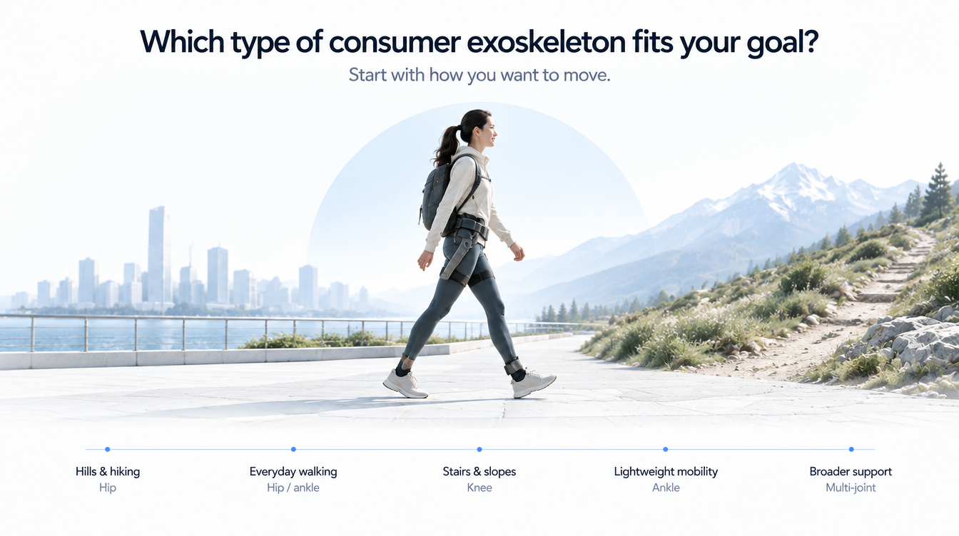 Decision guide matching consumer exoskeleton architecture to hiking, everyday walking, stairs, lightweight mobility and broader support