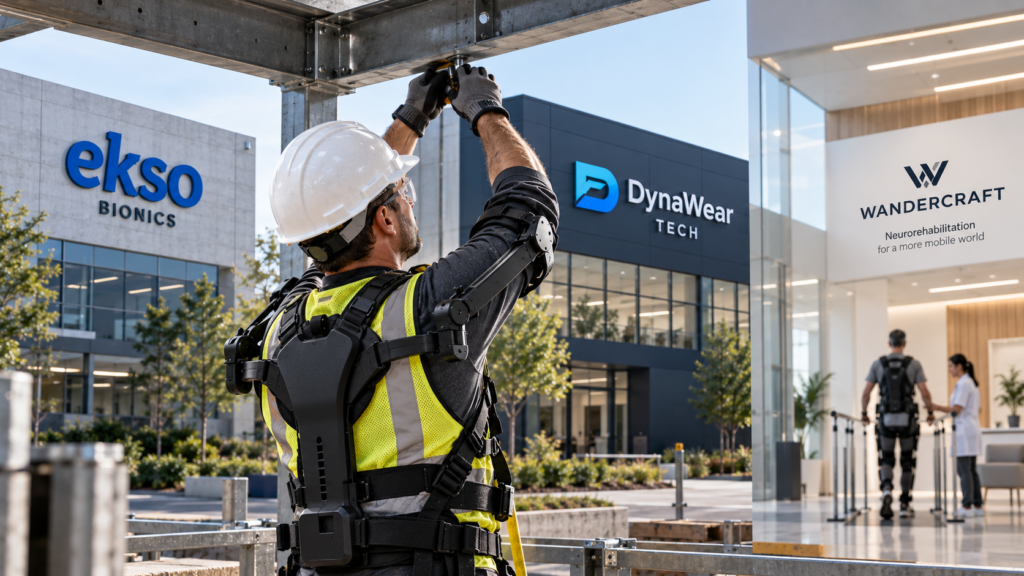Editorial illustration of an industrial exoskeleton worker with Ekso Bionics, DynaWear Tech and Wandercraft branding in the background.