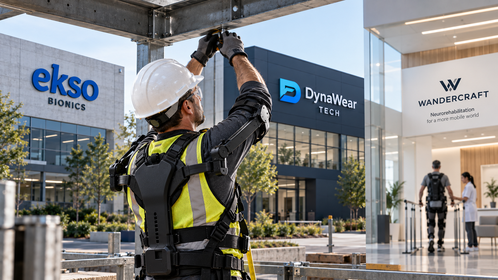 Editorial illustration of an industrial exoskeleton worker with Ekso Bionics, DynaWear Tech and Wandercraft branding in the background.