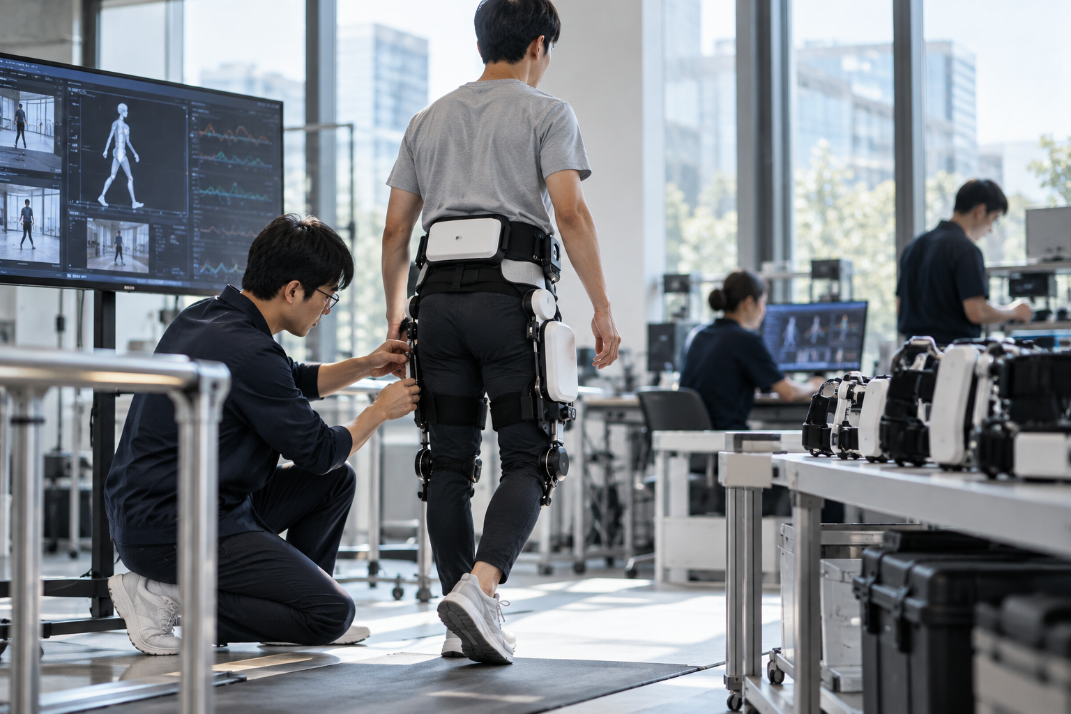 HUROTICS wearable robot being tested by engineers in a gait research lab