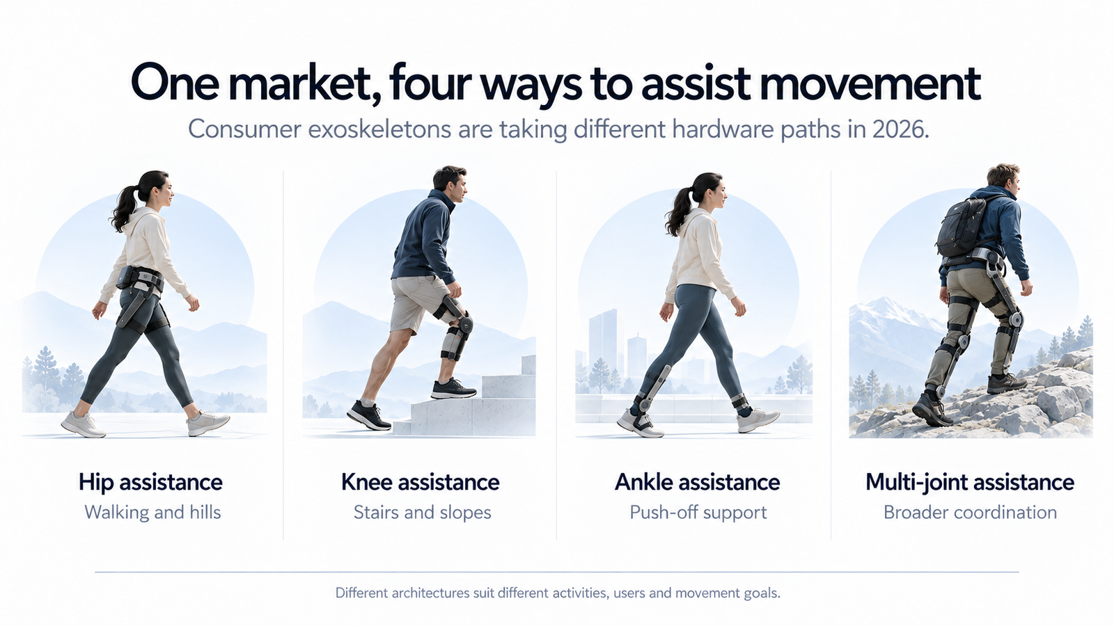 Four consumer exoskeleton architectures: hip, knee, ankle and multi-joint assistance