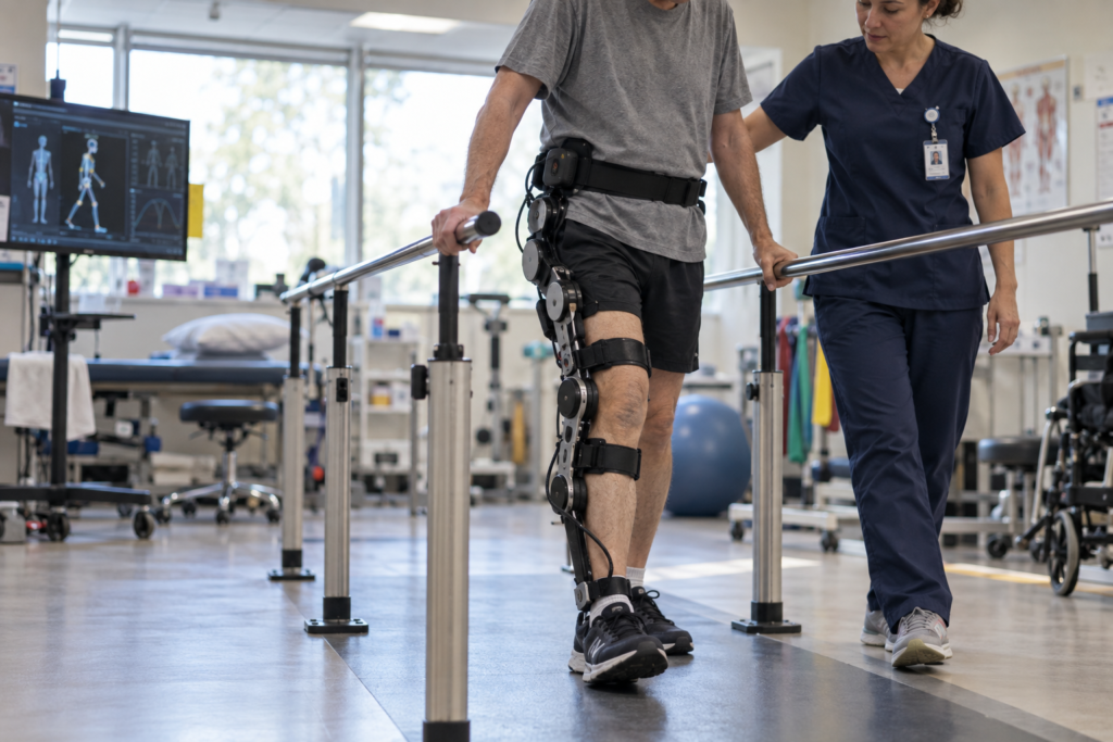 Stroke rehabilitation patient training with a unilateral lower-limb exoskeleton