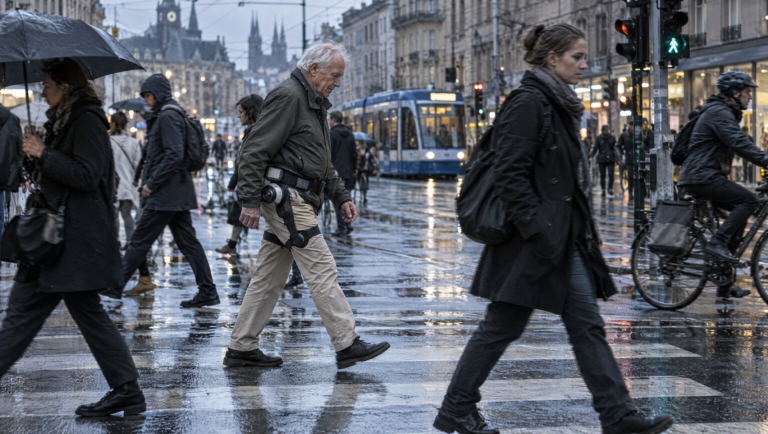 Older adult using a powered walking-assist exoskeleton in an everyday urban environment