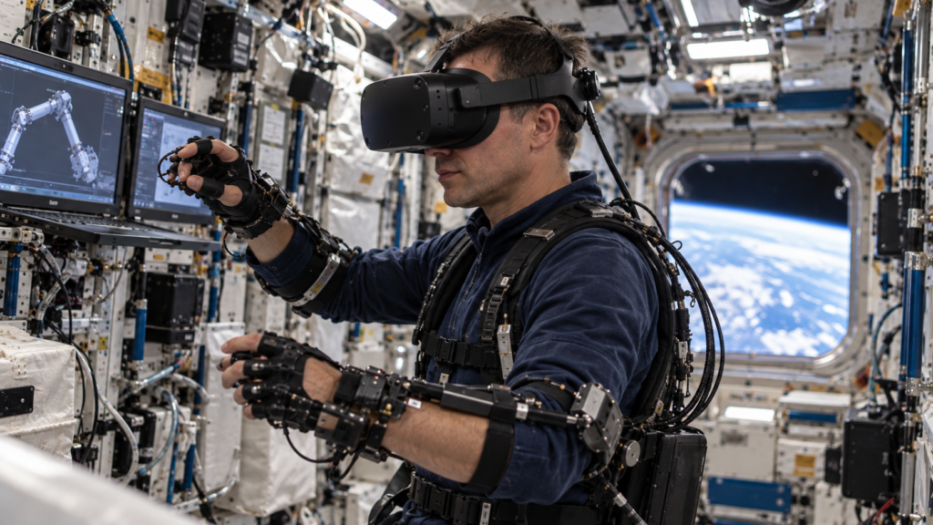 Astronaut testing an exoskeleton control system with virtual reality aboard the International Space Station