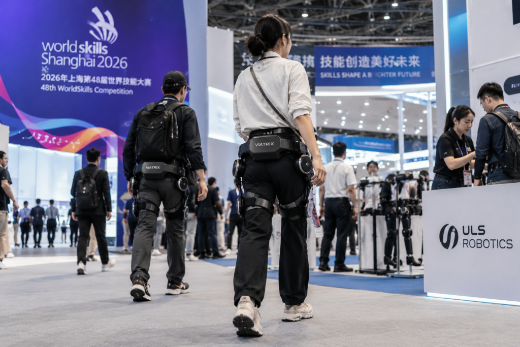 Visitor wearing a ULS Robotics VIATRIX X consumer exoskeleton at WorldSkills Shanghai 2026