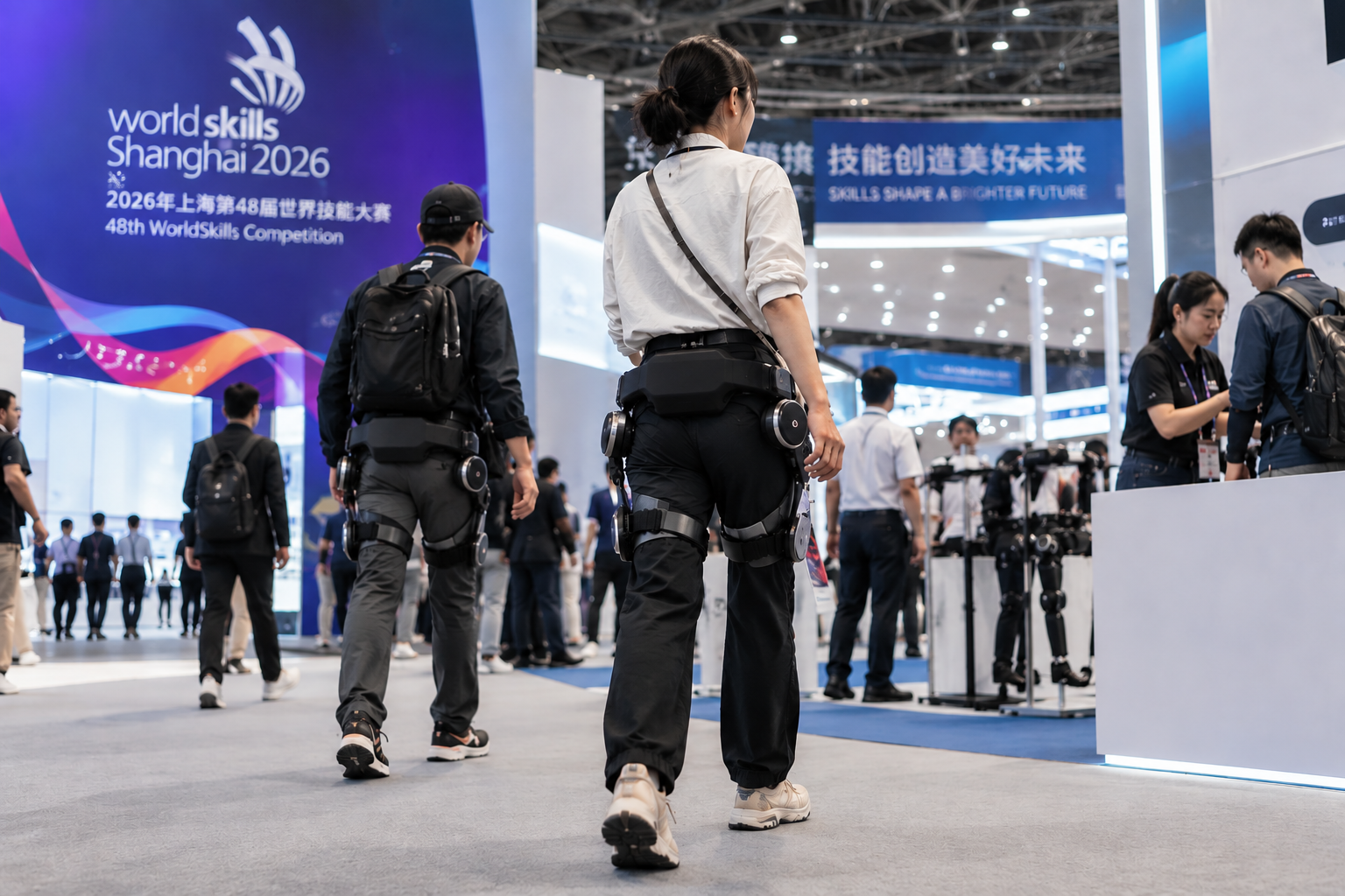 Visitor wearing a ULS Robotics VIATRIX X consumer exoskeleton at WorldSkills Shanghai 2026