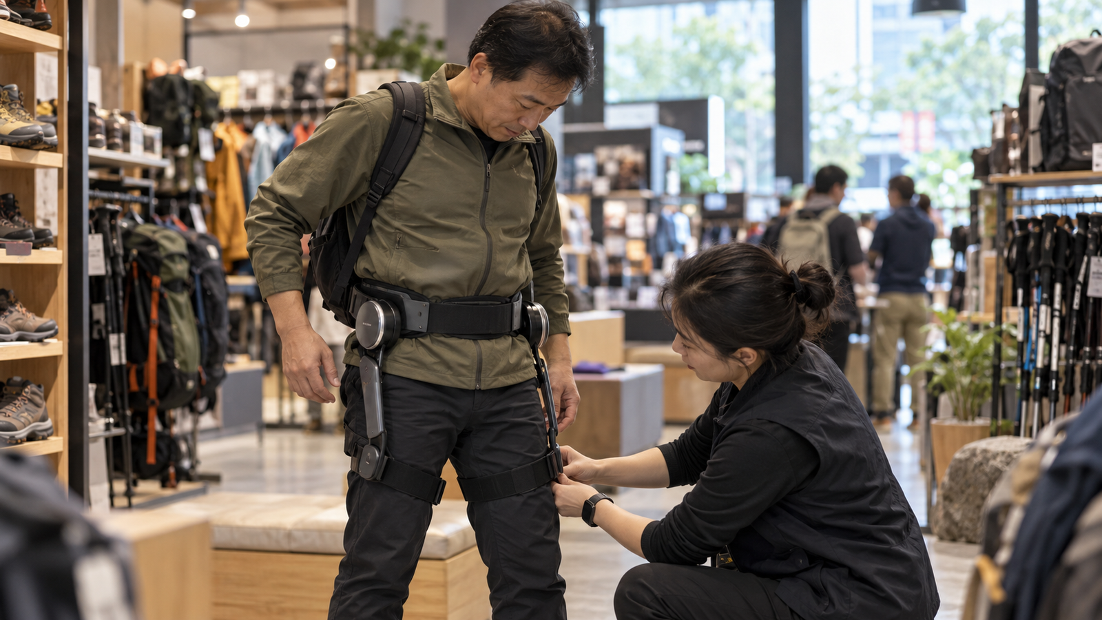 Person walking in a lightweight consumer exoskeleton in China, illustrating the growing exoskeleton-assist market.