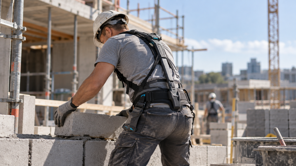 Masonry worker wearing a passive back-support exoskeleton on an active construction site