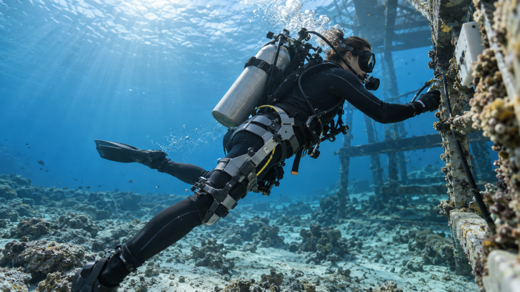 Diver using an underwater exoskeleton while inspecting a marine structure.
