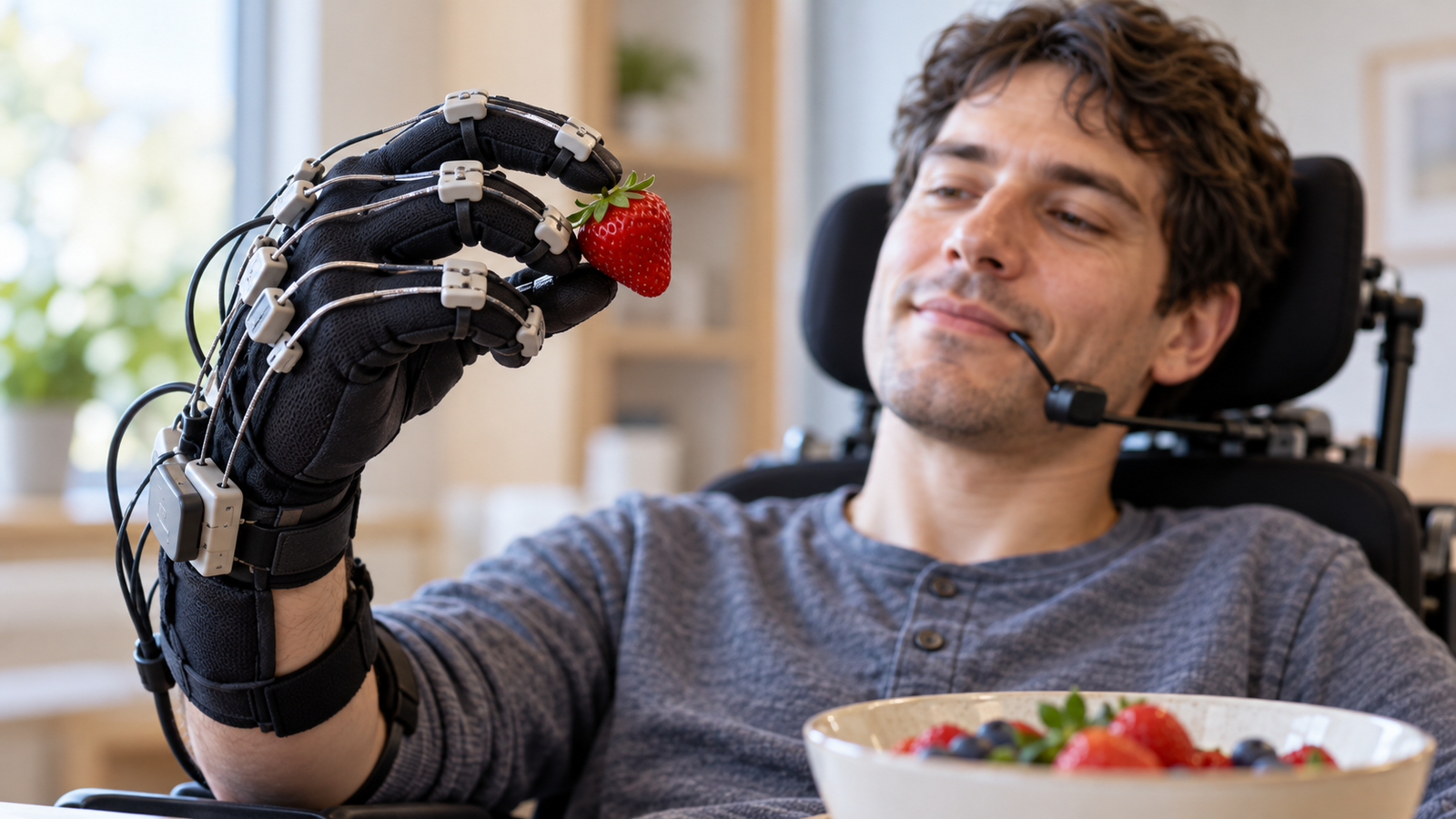 Person with tetraplegia using a tongue-controlled robotic hand exoskeleton to grasp a strawberry