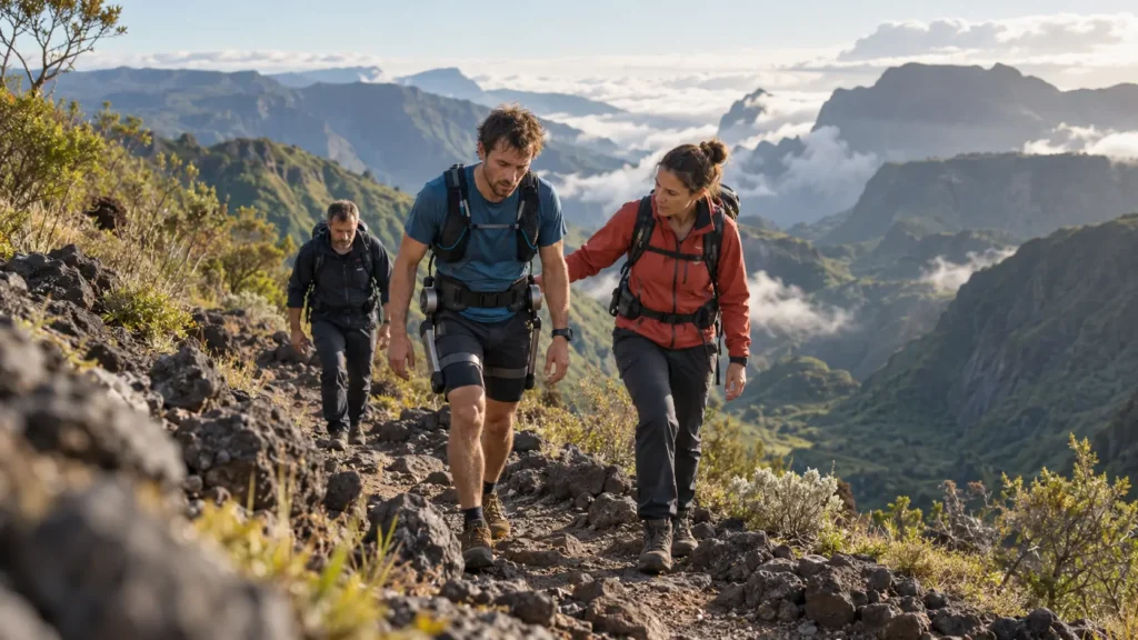 Conceptual illustration of a trail runner wearing a walking-assistance exoskeleton and walking with mountain rescuers on a rugged path