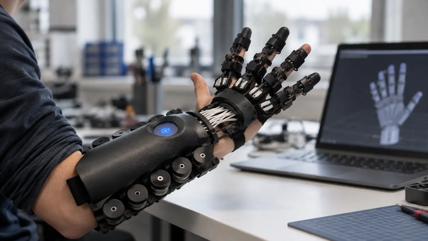 Editorial illustration of a black TAKTO ONE-style experimental hand exoskeleton with finger sensors beside a laptop showing a hand-motion model