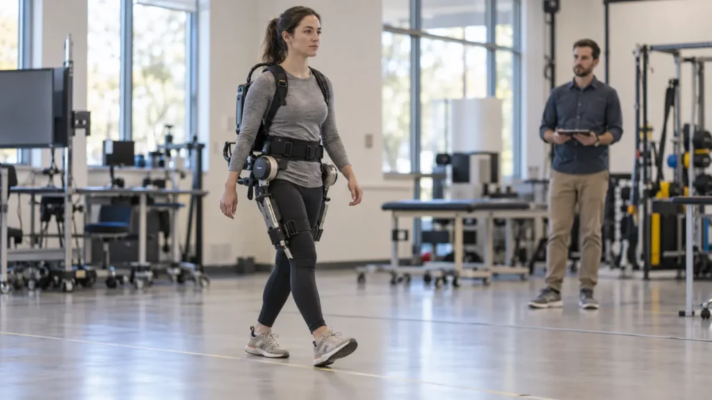 Editorial illustration of a participant walking in a research laboratory while wearing a powered hip exoskeleton